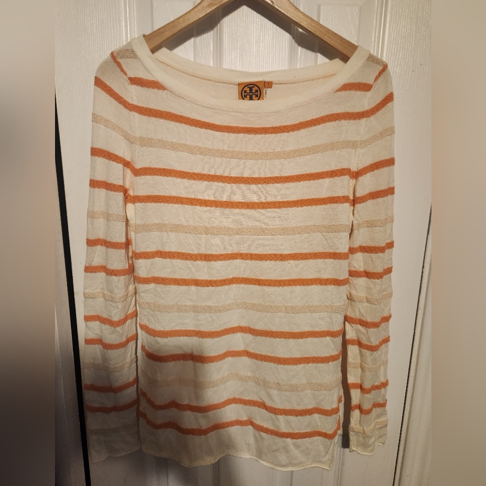 Tory Burch Long Sleeve Shirt White With Orange Stripes Soft Size Small